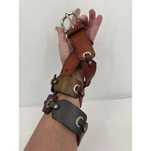 Fossil Multicolored Tooled Patterns Studs Leather Belt Brass‎ Buckle Size Medium